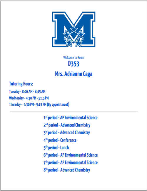 Mrs. Caga's Class Schedule